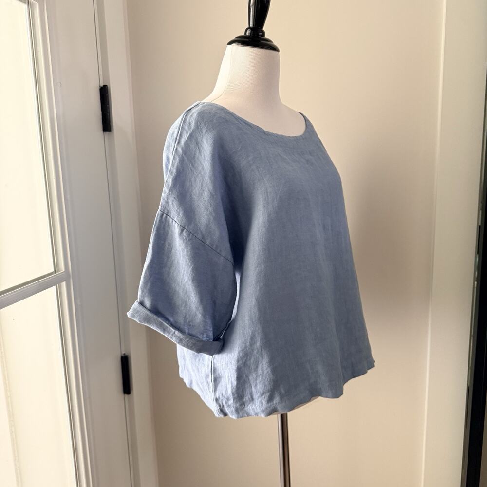 Made in Italy Linen Boxy Crop Top OS S M L Blue Boat Neck Short Sleeve NWOT - Picture 7 of 10
